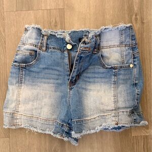 Frayed Light Blue Denim Jean Shorts - Women's Casual Mid-Rise